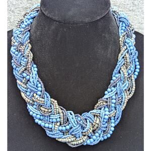 Twisted Braid Necklace, Blue, Seed Beads, Statement, Thick Chunky, Lobster Clasp